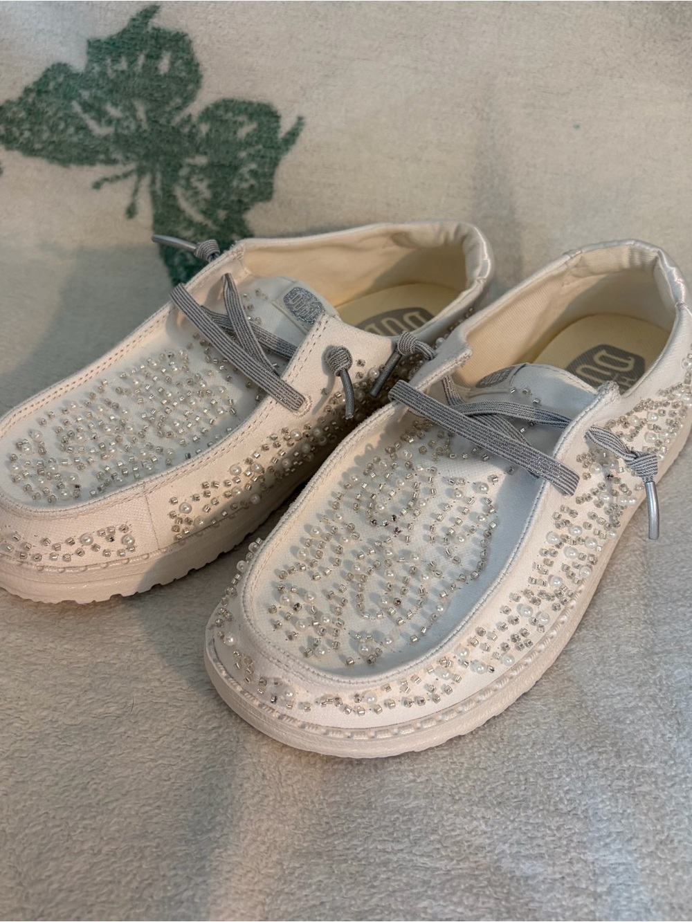 Hey Dude White Crystal-Embellished Women's Slip-On Moccasins